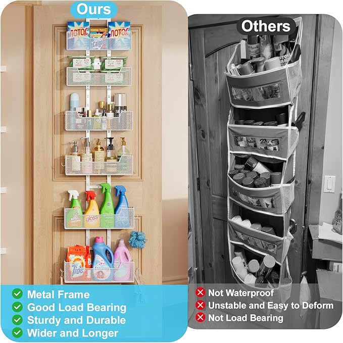 Over The Door Organizer, Metal Hanging Door Organizer with 6 Adjustable Baskets and 5 Hooks, Behind The Door Storage for Closet Pantry Cabinet Kitchen Bathroom Bedroom, White