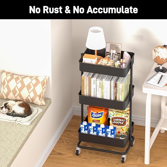 TECBOT 3 Tier Metal Rolling Cart with Wheels, Utility Storage Cart with Handle and Lockable Casters, Storage Basket Organizer Shelves, Easy Assemble for Kitchen, Living Room, Office, Nursery, Black