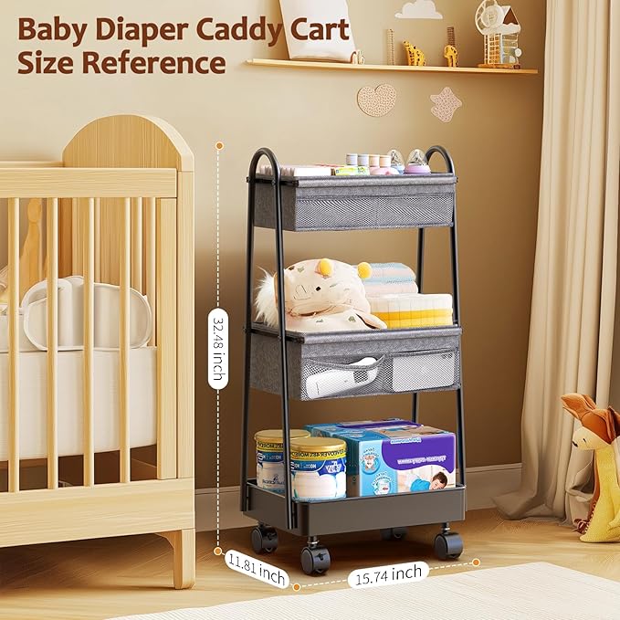 3 Tier Rolling Cart - Baby Diaper Caddy Organizer, 3 Tier Utility Cart Newborn Baby Nursery Essentials, Large Capacity, Easy to Assemble, Storage for Bedroom, Changing Table & Crib