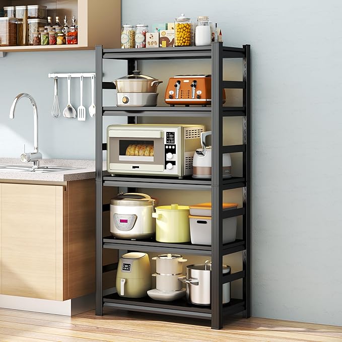Storage Shelves, Heavy Duty 5-Tier Kitchen Shelving, 63" H Metal Storage Unit with Adjustable Shelves, Free Standing Pantry Organization Shelf, for Pantry and Garage, Black