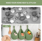 Boho Wall Hanging Fruit Baskets for Kitchen 3 Pack Woven Produce Holder with 6 Pcs Strong Hooks Vegetable Hanging Basket for Organizing Teardrop Home Wall Potato Onion Storage, Green
