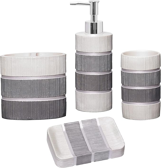 Zahari Home 4pc Modern Line Modern Bathroom Accessories Set Modern Soap Dispenser, Tumbler, Tooth Brush Holder and Dish Soap Holder Luxury Contemporary Grey Decor Unique Design Luxury Bath Set