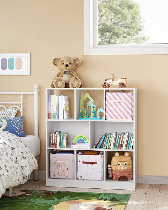 VASAGLE Bookcase, Bookshelf, Freestanding Storage Unit, 8 Open Compartments, Used Horizontally, Vertically, Upside Down, 11 x 35.4 x 39.4 Inches, for Living Room, Study, Office, White ULBC55WT