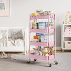 TOOLF 4-Tier Metal Rolling Cart with Wheels, Storage Utility Organizer Cart for Kitchen, Bathroom, Office, Baby Essentials & Makeup - Lockable Casters, Easy Assembly, 132 lbs Capacity, Pink