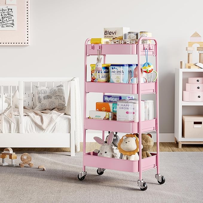 TOOLF 4-Tier Metal Rolling Cart with Wheels, Storage Utility Organizer Cart for Kitchen, Bathroom, Office, Baby Essentials & Makeup - Lockable Casters, Easy Assembly, 132 lbs Capacity, Pink