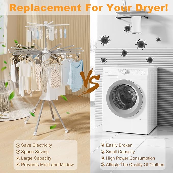 4-Legged Clothes Drying Rack Foldable, Double Dryer Rack with 20 Clips, Outdoor Laundry Drying Rack with 4 Pulleys, Collapsible Drying Rack Clothing, Aluminum Hanging Dry Rack for Clothes,Socks,Towel