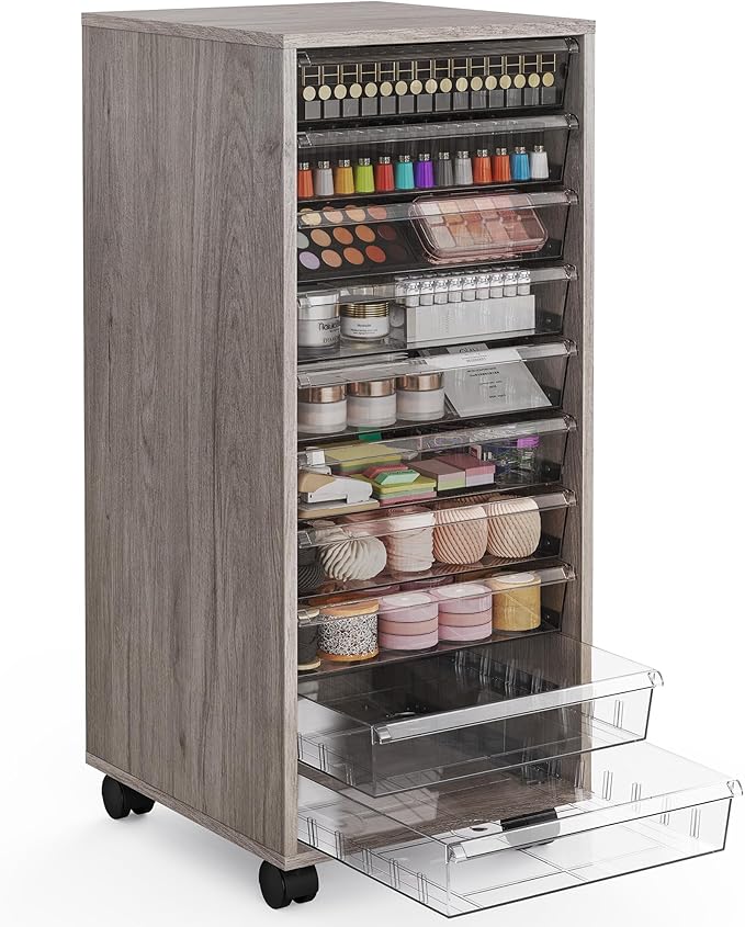 WOPITUES Plastic Storage Drawer Cart, Makeup Organizer and Storage with 10 Large Clear Drawers, Utility Wooden Rolling Cart on Wheels, for Cosmetic, Art Craft, Parts, Office Supplies, Toy, Grey