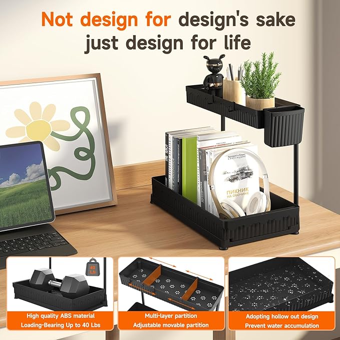 3 Pack Multi-Purpose Under Sink Organizers and Storage, 2025 L-Shaped Pull Out Cabinet Organizer for Bathroom & Kitchen, Under Cabinet Organizer with Hooks Hanging Cup, Black, Elevated