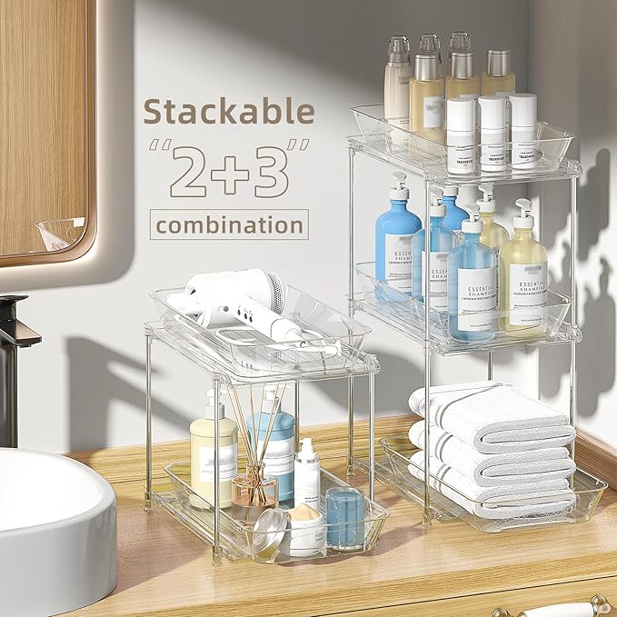 Under Sink Organizer, Bathroom Organizers and Storage, 2 Tier Multi-Use Pull Out Cabinet Organizer with Hang Hooks and Cups (transparent, 4 Pack)