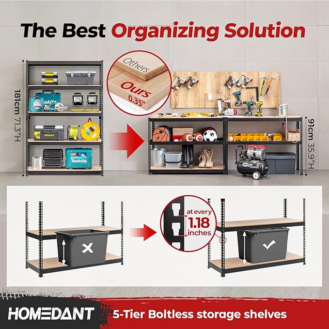HOMEDANT 5 Tier Laminated Boltless Heavy Duty Garage Storage Adjustable Wide Size Metal Shelving Unit Utility Rack Shelves Organization Multipurpose Shelf Shed Warehouse 47.7"W x 24.1"D x 71.3"H 4Pack