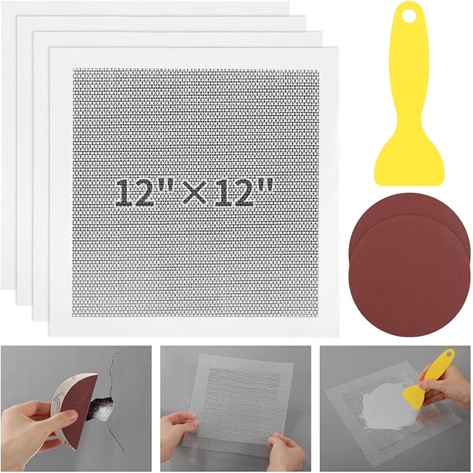 yeesport 4 Pcs Drywall Repair Kit, 12×12" Self Adhesive Mesh Patches with 2 Sanding Pads & 1 Scraper, Aluminum Dry Hole Repair Tools, Wall Repair Patch Kit for Ceiling