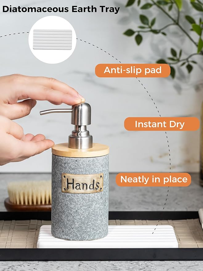Hand and Dish Soap Dispenser Set, Ceramic Kitchen Soap Dispenser for Bathroom Lotion, Body Wash, Includes Instant Dry Tray, Collapsible Funnel, 15 Oz, Gray