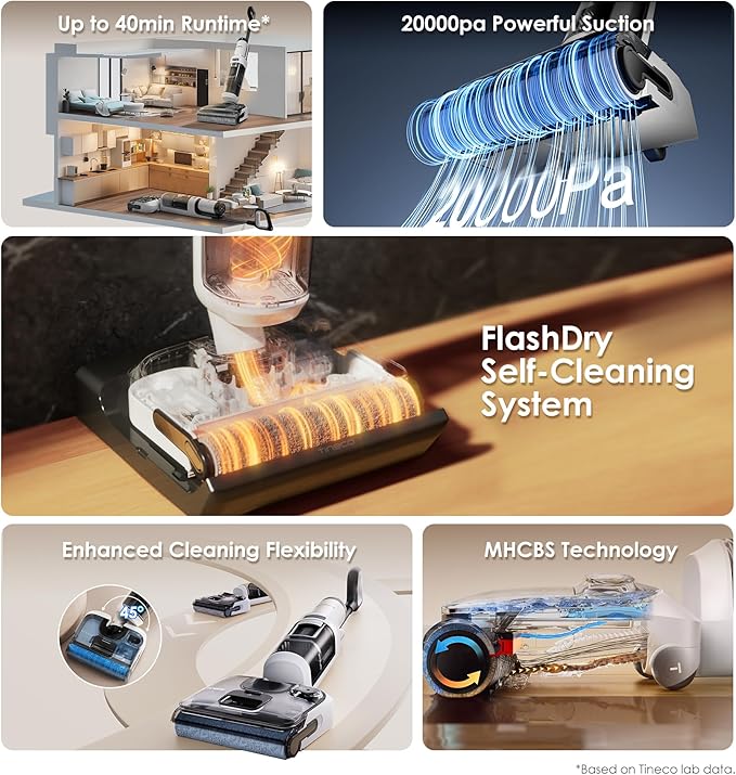 Tineco Floor ONE Stretch S6 Cordless Wet Dry Vacuum Cleaner, 180°Lay-Flat Smart Vacuum Mop, 40 Minutes Long Runtime 158℉ Flashdry Self-Cleaning, Dual-Sided Edge Cleaning Lightweight Floor Cleaner
