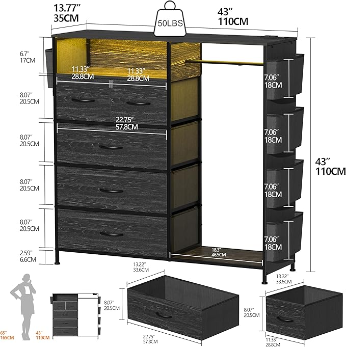 Dresser for Bedroom with Clothes Rack Side Pockets 5 Drawer Dresser with Charging Station LED Lights Black Storage Chest of Drawers for Nursery Hallway Closet Sturdy Steel Frame Wood Top
