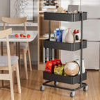 TECBOT 3 Tier Metal Rolling Cart with Wheels, Utility Storage Cart with Handle and Lockable Casters, Storage Basket Organizer Shelves, Easy Assemble for Kitchen, Living Room, Office, Nursery, Black