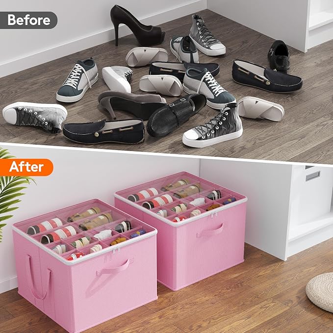 Lifewit 6 Pack Shoe Storage Organizer for Closet, Large Shoe Box Storage Containers with Clear Cover, Foldable Storage Bins Fit for Boots Fits 72-96 Pairs (Each 12-16 Pairs) Pink