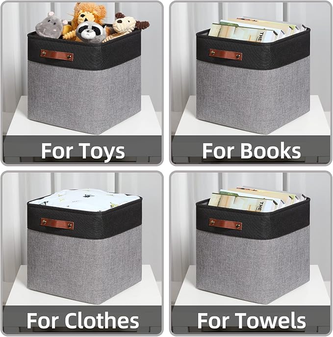 HNZIGE 13x13x13 Storage Baskets (4 Pack) Large Fabric Storage Cubes for Shelves, Storage Cube Bins for Gift with Leather Handles for Home, Kids Room, Closet (White&Black)