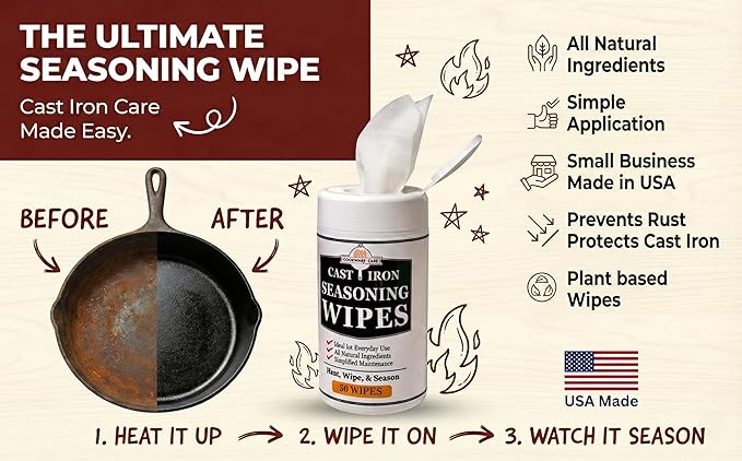 Cookware Care Cast Iron Seasoning Oil Wipes, 100 Wipes, Made in USA with Grapeseed Oil for Cast Iron Skillet, Blackstone Griddle (2 pack)
