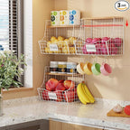 3 Pack Hanging Fruit Basket for Kitchen with Wood Lid - Onion and Potato Storage Fruit Bowl with Nameplate for Counter&Wall Mounted, Stackable Storage Basket,11.81 * 8.66 * 10.63inch