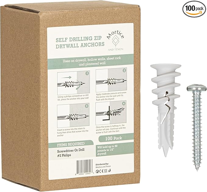Premium Nylon 66 Self-Drilling Drywall Anchors & Screws kit | Hang Cabinets, Tv Wall Mount, Pictures, Towel Racks | 100#8X 1-1/4 Philips Screws and 100 Nylon Anchors | Holds 90lbs