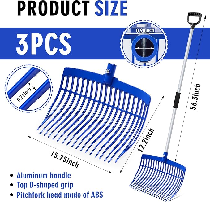 Lasnten 3 Sets Blue Manure Fork with Long Metal Handle Pitch Fork Manure Rake Heavy Duty Muck Rake for Gardening Horse Stall Stable Grass Hay Cleaning Farm Work(D Shaped Grip)