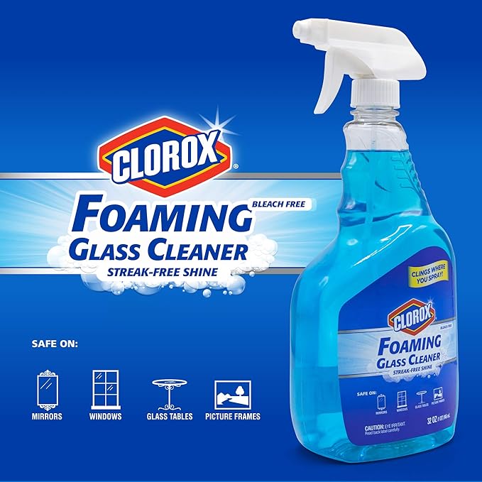 Clorox Foaming Glass Cleaner Trigger Spray, Streak Free No Drip Formula for Windows, Mirrors, and Glass Surfaces, All Purpose Household Cleaning Spray in Fresh Scent , 32 Ounce - 6 Pack
