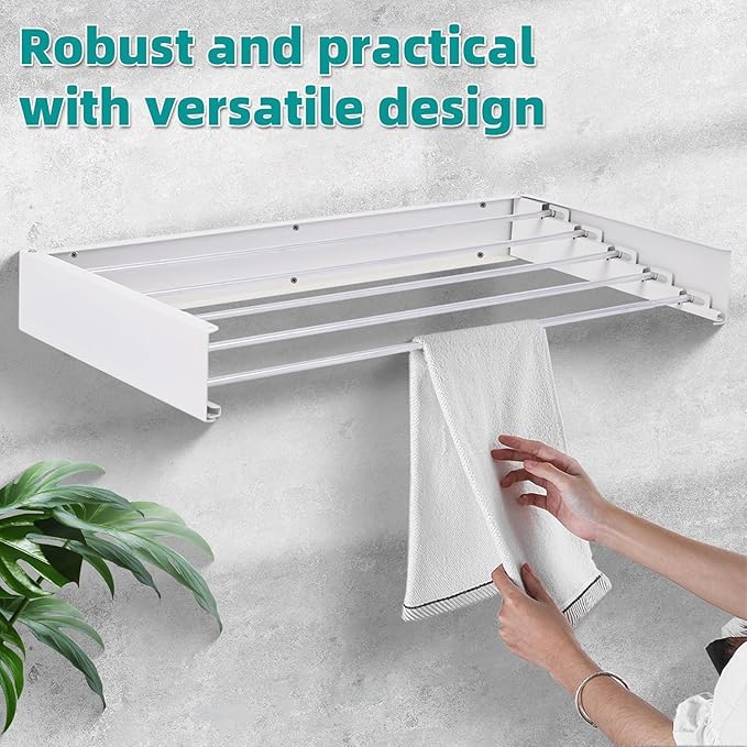 Laundry Drying Rack Collapsible, Wall Mounted Clothes Drying Rack. 39.37" Wide, 19.3 Linear Ft, 5 Aluminum Rods, with Wall Template, Screwdriver Bit (White 40')