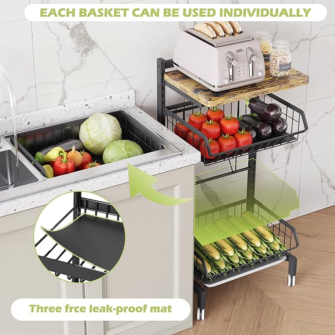 COVAODQ Fruit Basket 4-Tier Adjustable Fruit Vegetable Basket Cart Metal Wire Storage Cart Rolling Pantry Utility Kitchen Cart
