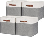 HNZIGE Foldable Storage Cubes Baskets Set(4 Pack) Fabric Bins for Shelves,13 Inch Storage Basket for Organizing with Leather Handles for Home, Toys, Clothes, Kids Room, Closet Storage(White&Gray)