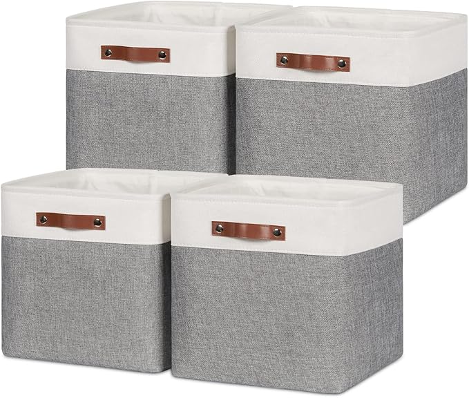 HNZIGE Foldable Storage Cubes Baskets Set(4 Pack) Fabric Bins for Shelves,13 Inch Storage Basket for Organizing with Leather Handles for Home, Toys, Clothes, Kids Room, Closet Storage(White&Gray)