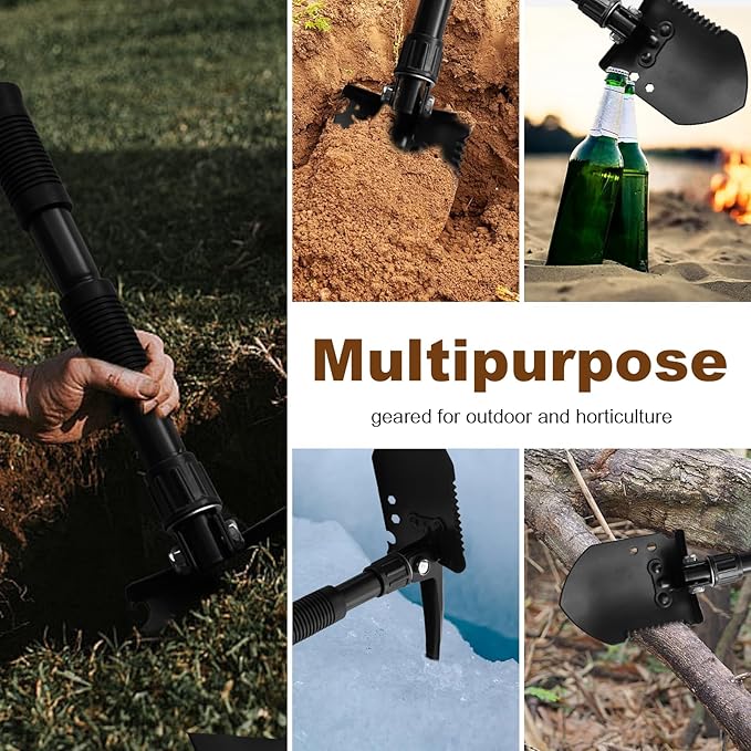 Folding Camping Shovel, Carbon Steel Multi-Tool Survival Shovel for Outdoor, Emergency, Hiking, Car Off-Road (Black)