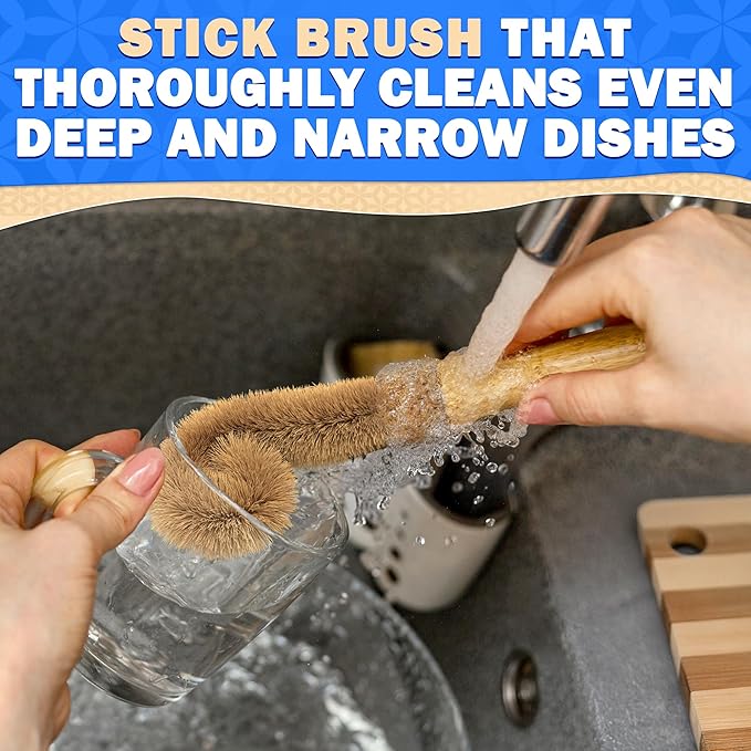 5 Pcs Bamboo Dish Brush Set – Wooden Dish Brush with Ergonomic Handle for Scrubbing Pots and Pans – Durable, Scratch-Free Bristles for Effective Dishwashing & Easy Grip for Comfortable Use