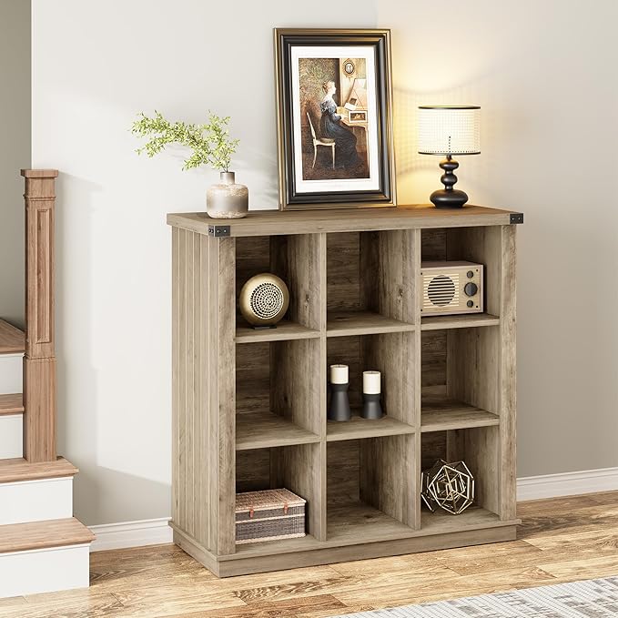 GarveeHome 9 Cube Storage Organizer Bookshelf, 4 Tier Farmhouse Horizontal Bookcase, 37.4 Inch Wood Storage Bookcase for Entryway, Long Low Bookshelves for Living Room-Grey