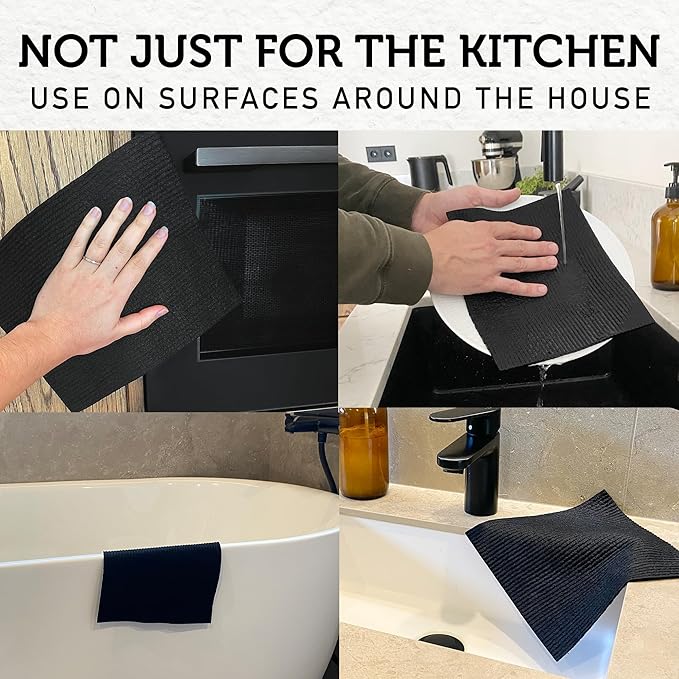 Nordhus Design Swedish Dishcloths, Black Charcoal/Dark Grey, 10-Pack, Reusable, Washable Cellulose Cotton Kitchen Cloths - Replace Paper Towels, Wipes, Sponges, Dish Rags