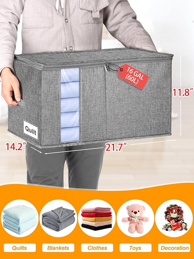 Blanket Storage, Comforter Storage Bag With Rigid Side & Bottom Support, Stackable Clothes Storage Bin For King Size Comforters Sweater Bedding Quilt Pillow Closet Organizers, 21.7x14.2x11.8in, 2Pcs