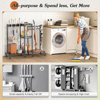 Broom Holder with Cleaning Supplies Organizer, Broom Closet Storage Cabinet with Cleaning Caddy Vacuum Stand, Cleaning Cart with Mop Hanger Gripper Rack Hook, Laundry Room Organization Home Essentials