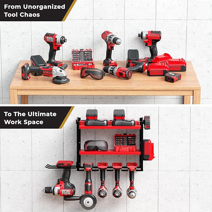 Power Tool Organizer-6 Drill Holder Wall Mount, 3 Tier Heavy-Duty Hand Tool Storage Rack, Utility Racks, Drill Holder, 2 Pegboard Sides - Garage Storage Cordless Tool Organizer (Red)