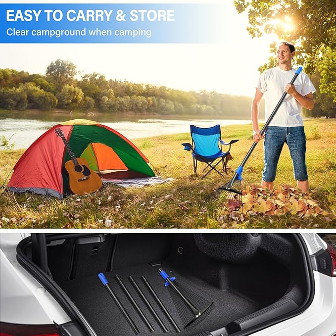 Rake for Leaves - Metal Leaf Rake for Lawn & Garden, Expandable Head 9"-17", 75" Adjustable Handle for Kids & Adults - Effortless Gardening, Portable Camping Rakes with Tool-Free Assembly