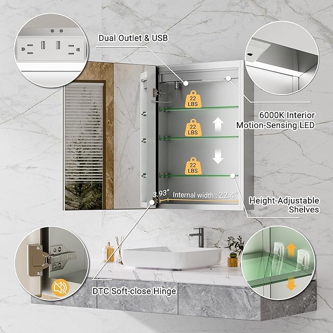 24x32 Lighted Medicine Cabinet with Mirror, Beveled Brushed Nickel Framed Surface or Recessed Fogless Dimmable LED Medicine Cabinet with Outlet, Time Display and Sensor Inner Light