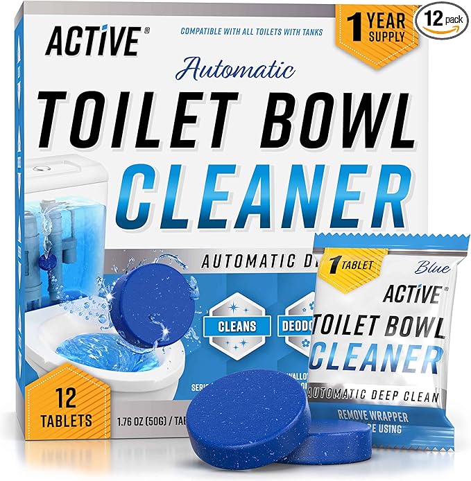 ACTIVE Automatic Toilet Bowl Cleaner Tablets Blue Gel Toilet Tank Cleaners, Septic-Safe Hard Water Ring Stain Remover, Smell Eliminator Heavy Duty Toilet Cleaning & Deodorizer, Fresh Scent - 12 Tabs