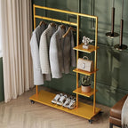 Gold clothing rack with shelves,Heavy Duty clothes rack with wheels,Rolling Garment Rack for hanging clothes with 4 flank Shelves,Portable Wardrobe Closets Organizer for Bedroom/Boutique