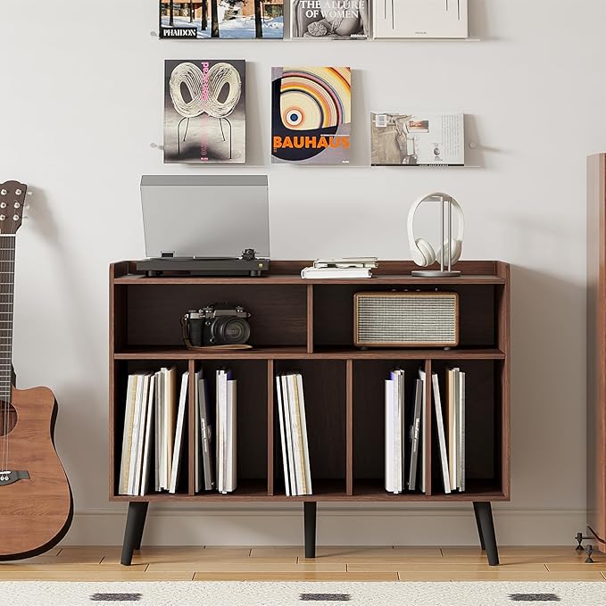 ChooChoo Record Player Stand, Turntable Stand with Vinyl Storage, Record Player Cabinet Up to 350 Albums, Cube Storage Organizer for Living Room, Walnut