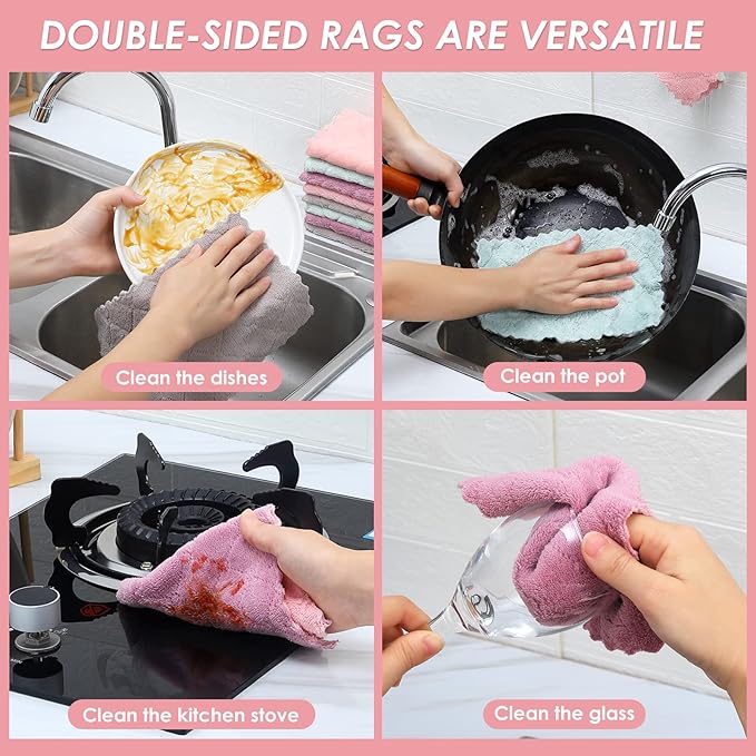 Rachan 11Pack Kitchen Dish Cloths, Reusable Dish Towels, Nonstick Oil Washable Fast Drying, Super Absorbent Coral Velvet Cleaning Cloths for Mom from Daughter Son(Green-grey10 x 6")