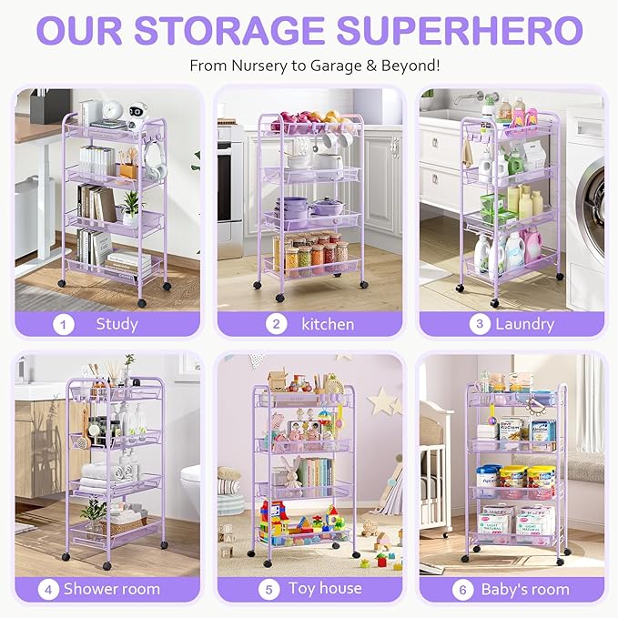 TOOLF 4-Tier Rolling Cart, Metal Utility Cart with 3 Hooks, Easy Assemble Mobile Storage Trolley On Wheels, Metal Shelving Units Kitchen Bathroom Laundry Room