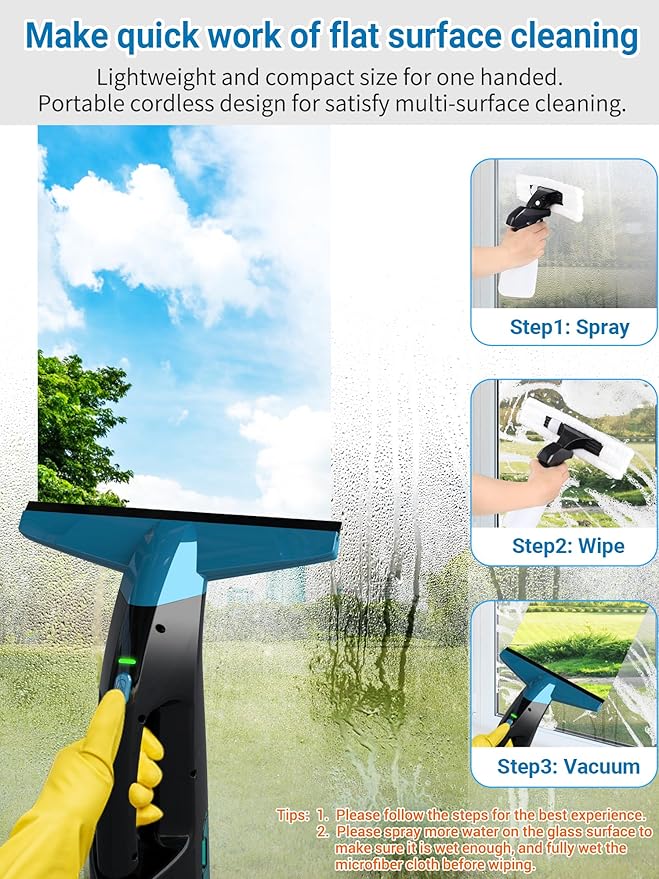 Rechargeable Window Vac, Electric Window Vacuum Squeegee, with 11 in. Squeegee Blade & 200ml Water Tank, Cordless Window Vacuum Cleaner Set for Cleaning Windows, Shower Doors, Mirrors, Tiles