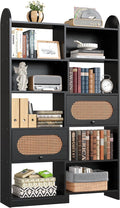 IRONCK 6 Tier Bookshelf and Bookcase with 2 Rattan Design Flip-top Storage Cabinets, 8 Cube Bookcases Display Storage Shelves Organizer for Living Room, 43.3" Black