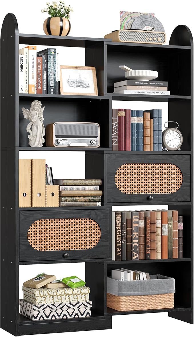 IRONCK 6 Tier Bookshelf and Bookcase with 2 Rattan Design Flip-top Storage Cabinets, 8 Cube Bookcases Display Storage Shelves Organizer for Living Room, 43.3" Black