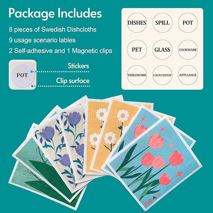 Swedish Dishcloths, 8 Pack Reusable Paper Towels with Clips, Non-Scratch Swedish Dish Towels for Kitchen, Super Absorbent Cellulose Dish Cloths, No Odor Cleaning Rags