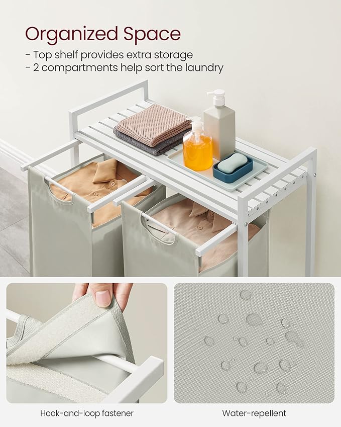 VASAGLE Laundry Hamper, Laundry Basket, Laundry Sorter with 2 Pull-Out and Removable Bags, Shelf, Metal Frame, 2 x 12.1 Gallons (46 L), 28.8 x 13 x 28.4 Inches, Cream White and Cloud White UBLH201W01
