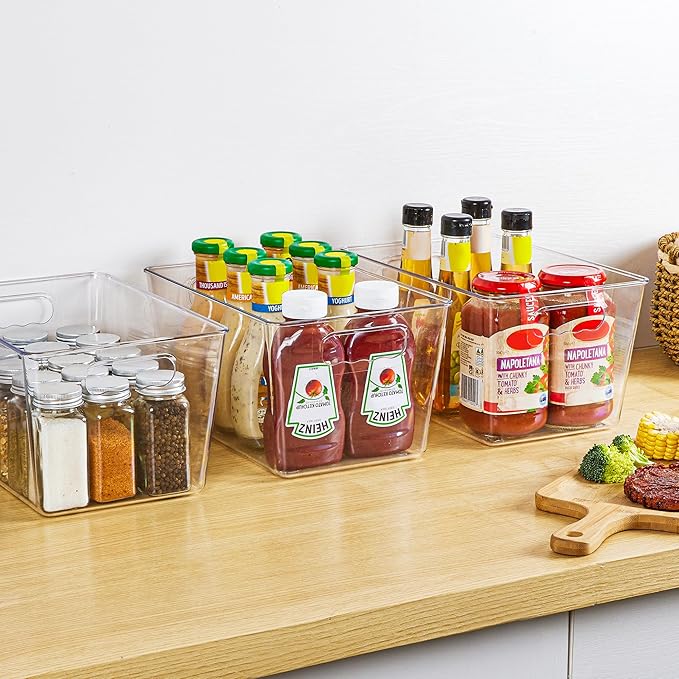 YIHONG Clear Plastic Storage Bins, 4 Pack Pantry Organizer Bins with Handle for Kitchen, Freezer,Cabinet,Closet Organization and Storage